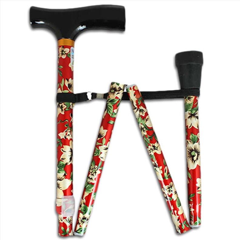 Canne de marche pliante - motif floral rouge