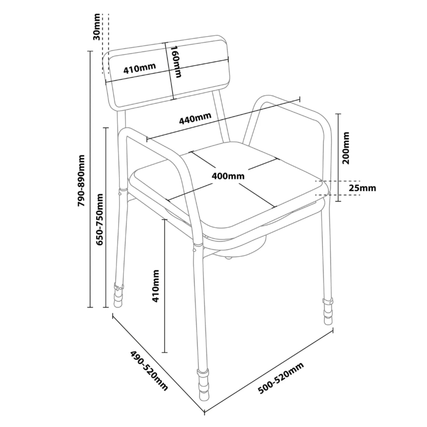 Chaise percée Dovedale réglable avec accoudoirs détachables