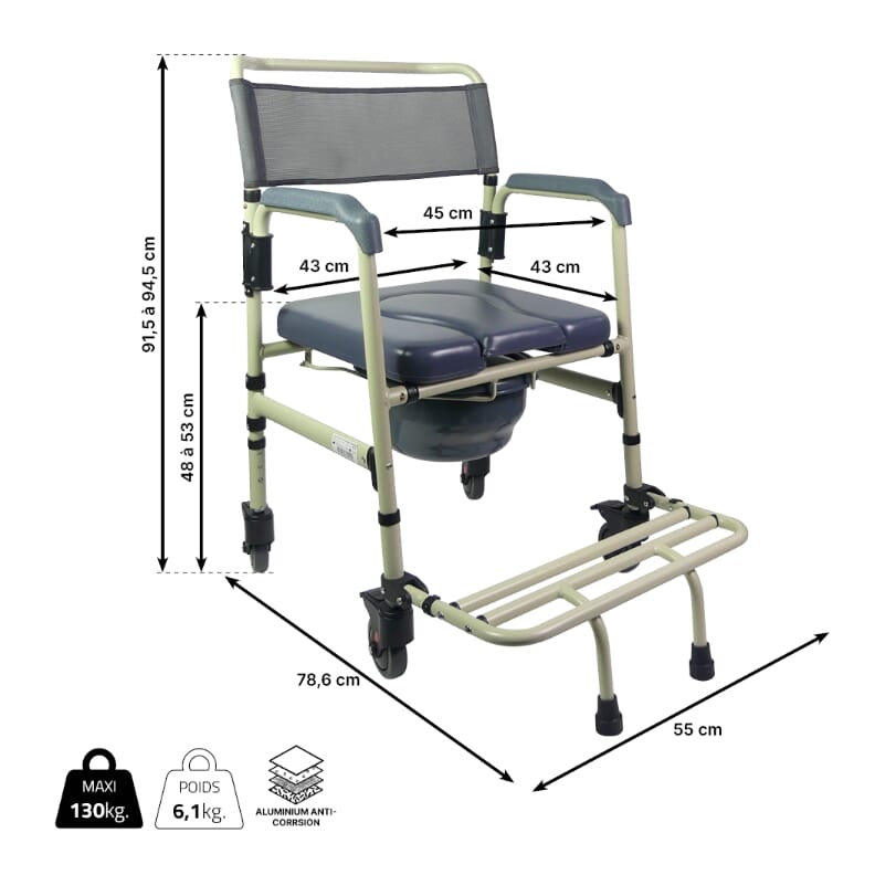 Chaise percée réglable avec roues
