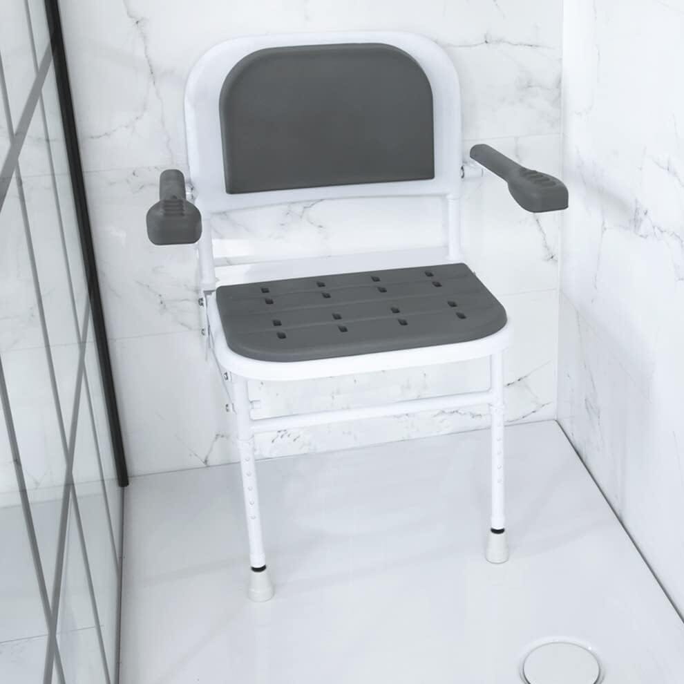 Siège de douche rabattable rembourré avec pieds, dossier et accoudoirs