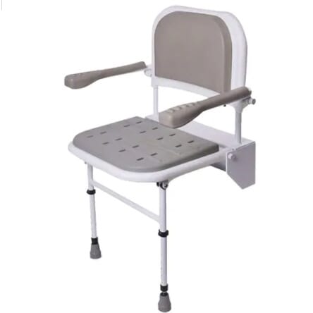 Siège de douche rabattable rembourré avec pieds, dossier et accoudoirs